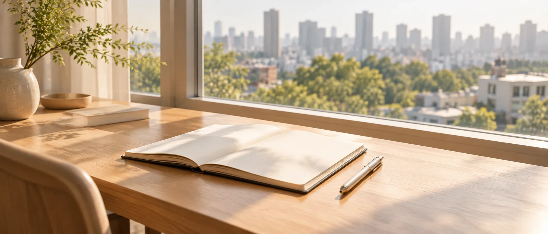 A desk with a notebook and a pen by a window