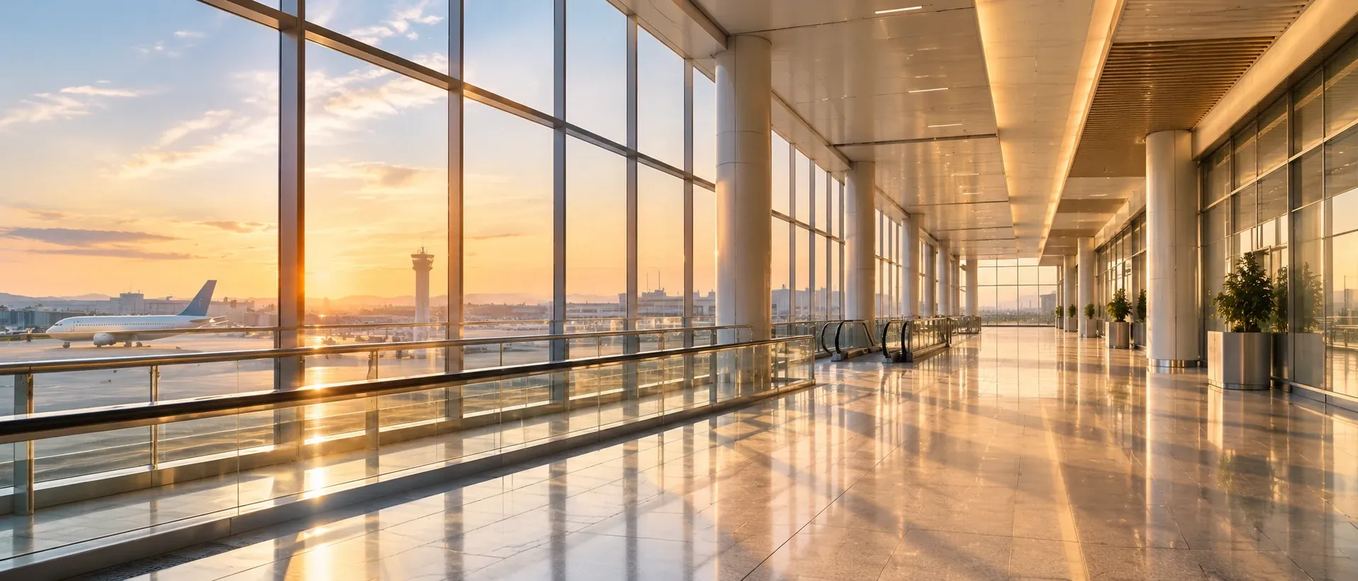 An empty airport walkway with morning light