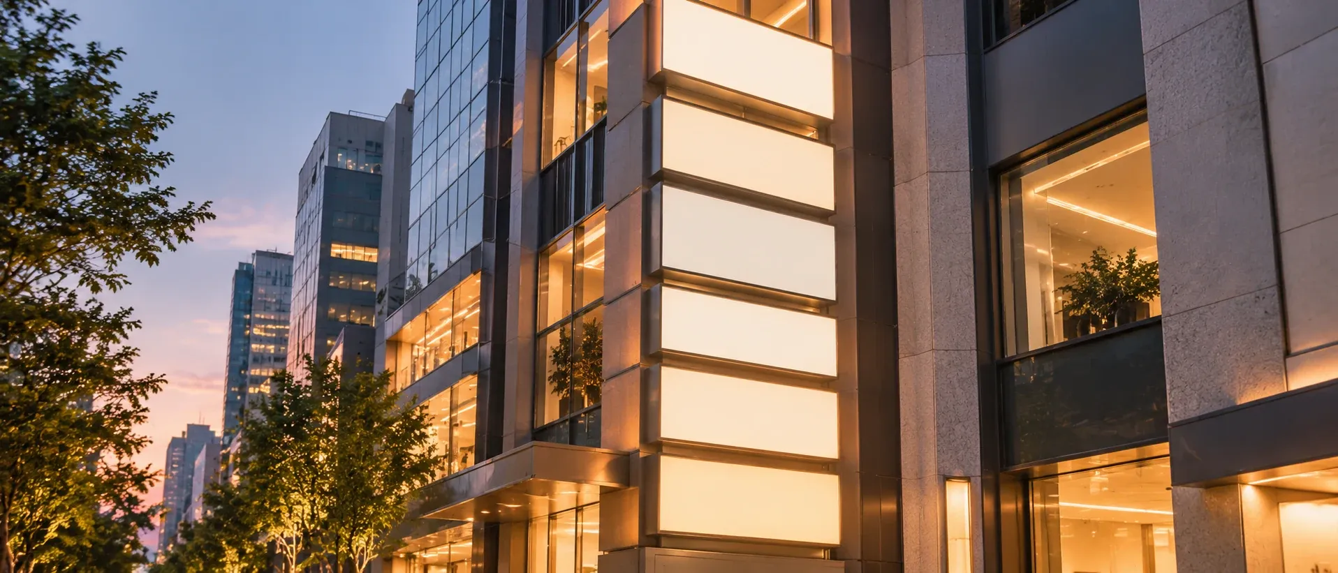 A stack of floor-by-floor signs on the outside of a city building at dusk