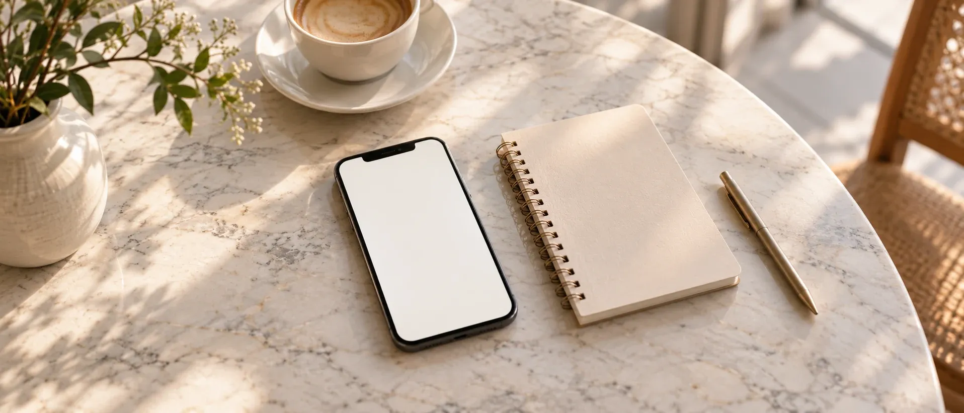A phone on a table showing a blank note, beside a small notebook