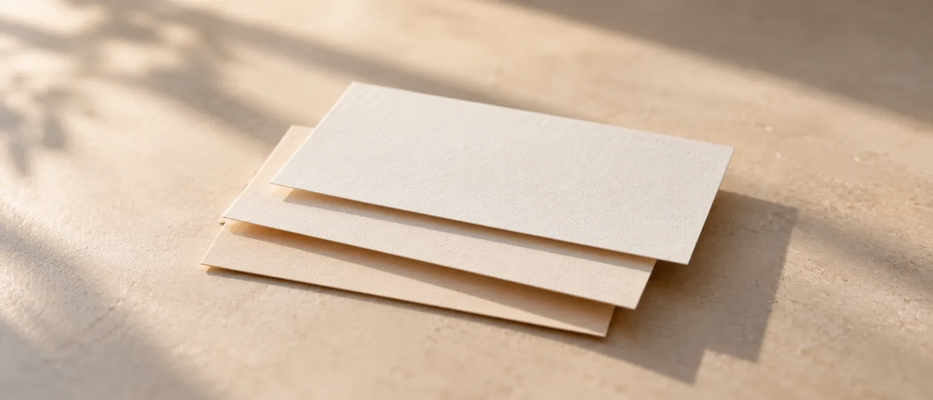 Three stacked paper cards on a plain surface