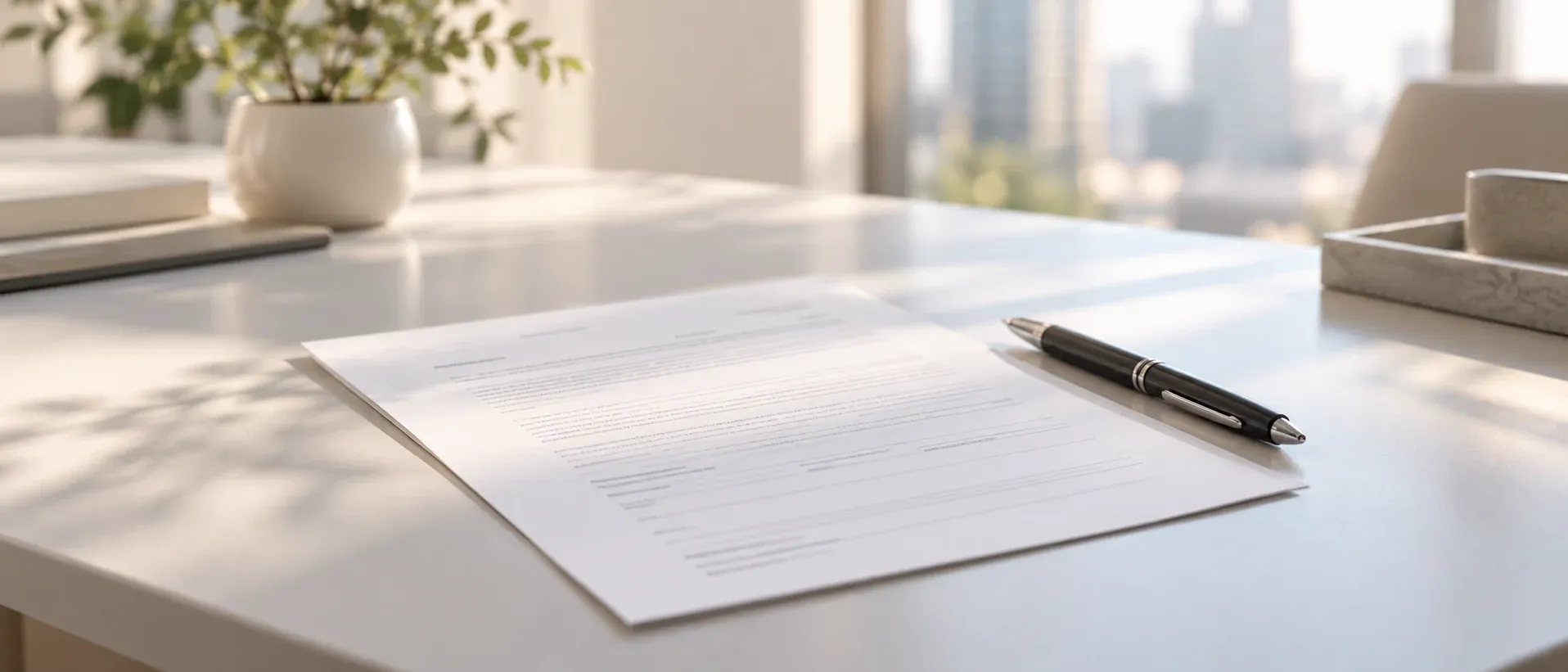 A printed form and a pen on a clean desk, text not legible
