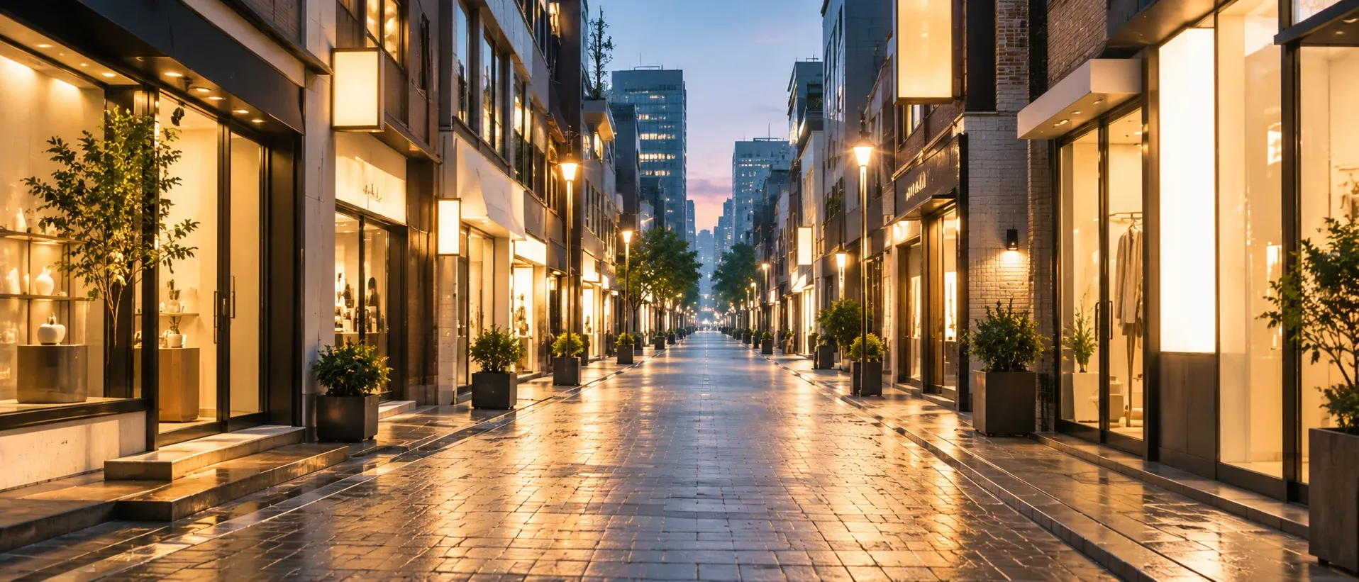 Narrow shopping lane in central Seoul at dusk, illuminated shopfront signs, no people in frame