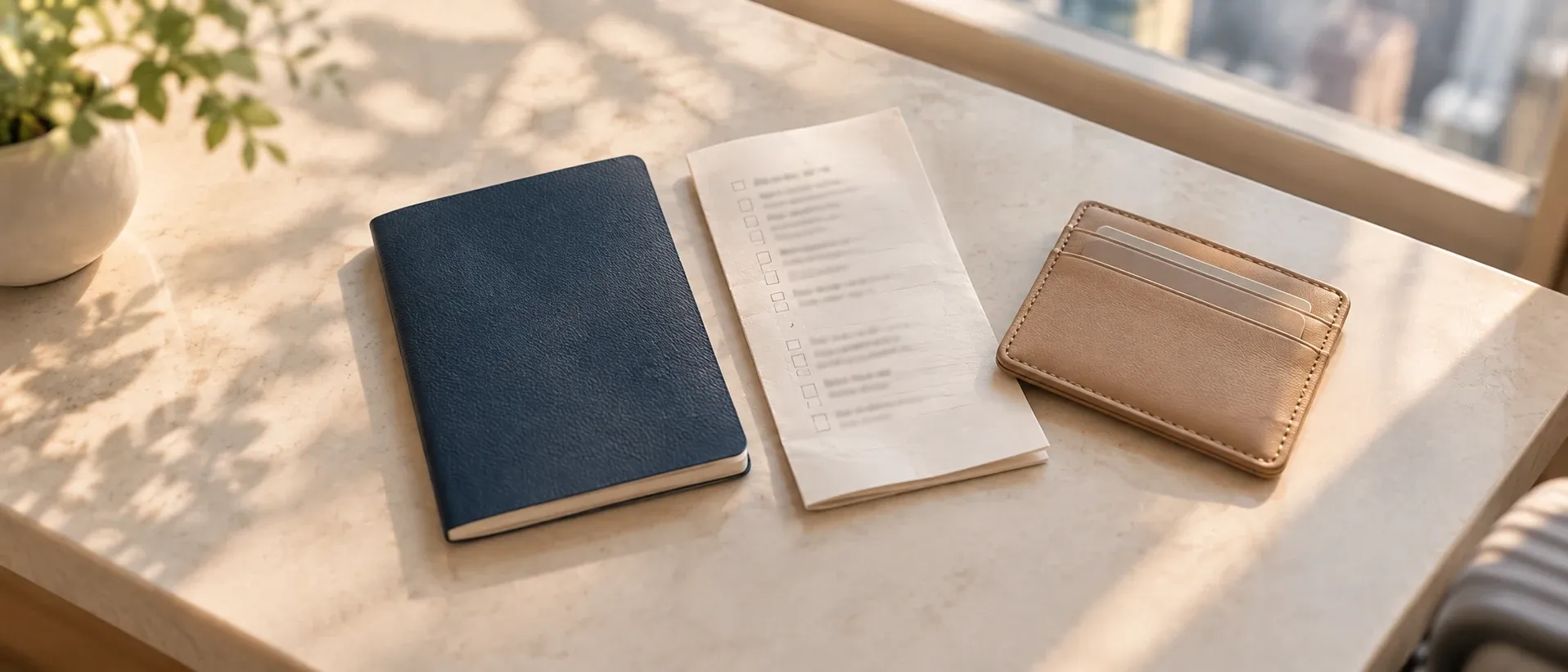 A passport, a folded paper list and a card wallet on a pale table