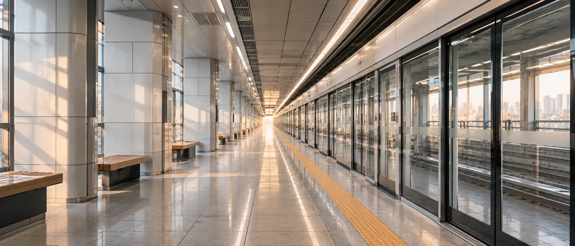 Quiet subway platform in Seoul with tiled walls and platform screen doors, no people in frame