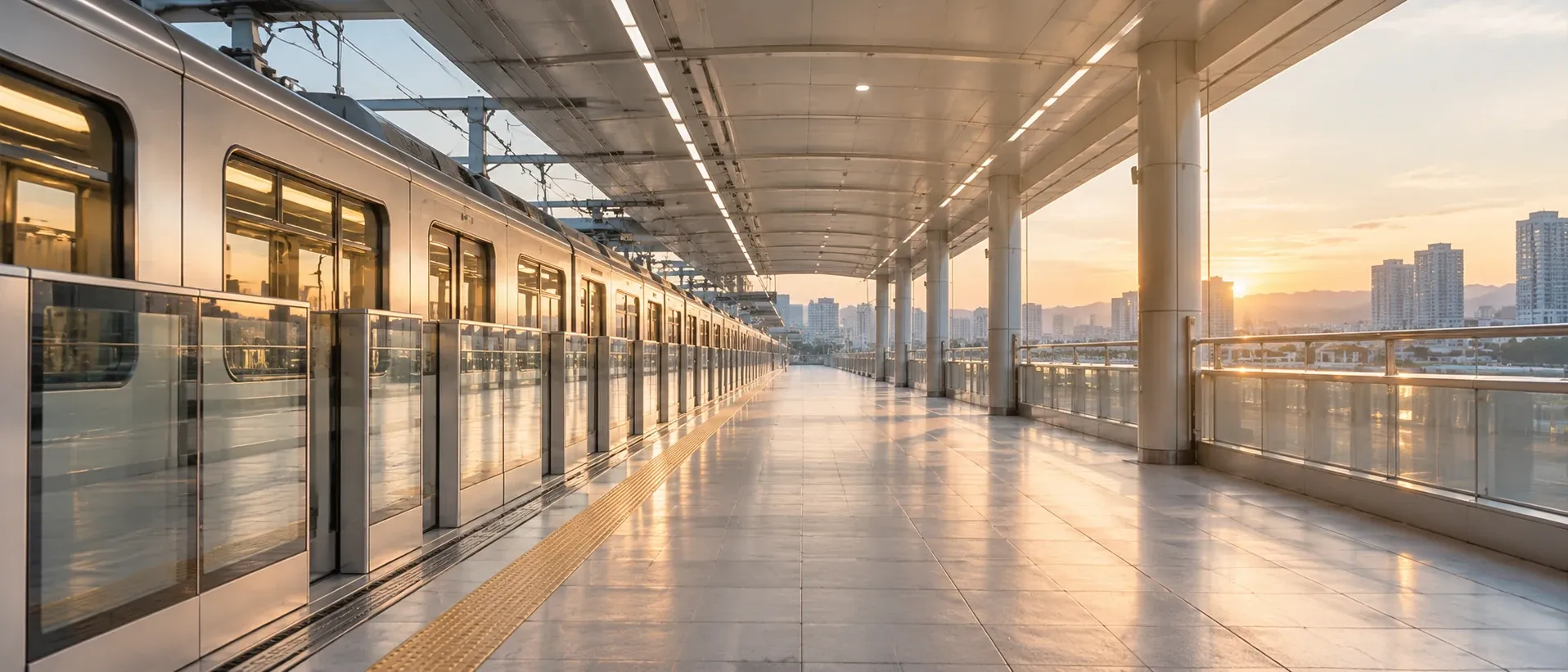 An airport rail platform with an empty train waiting, seen from the end of the platform