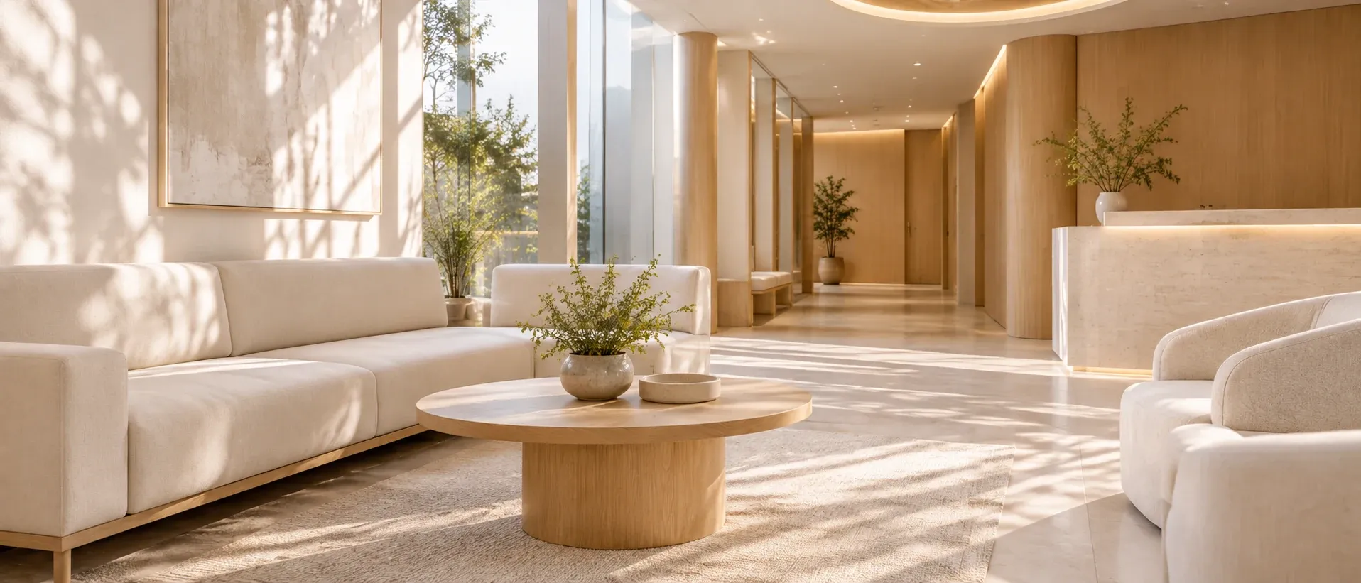 A quiet clinic waiting area with pale walls, a low table and a plant