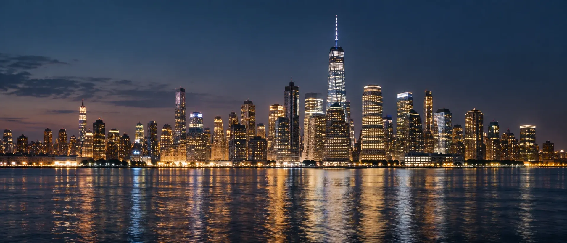 Night view of a city skyline from a distance with lit windows, no people in frame