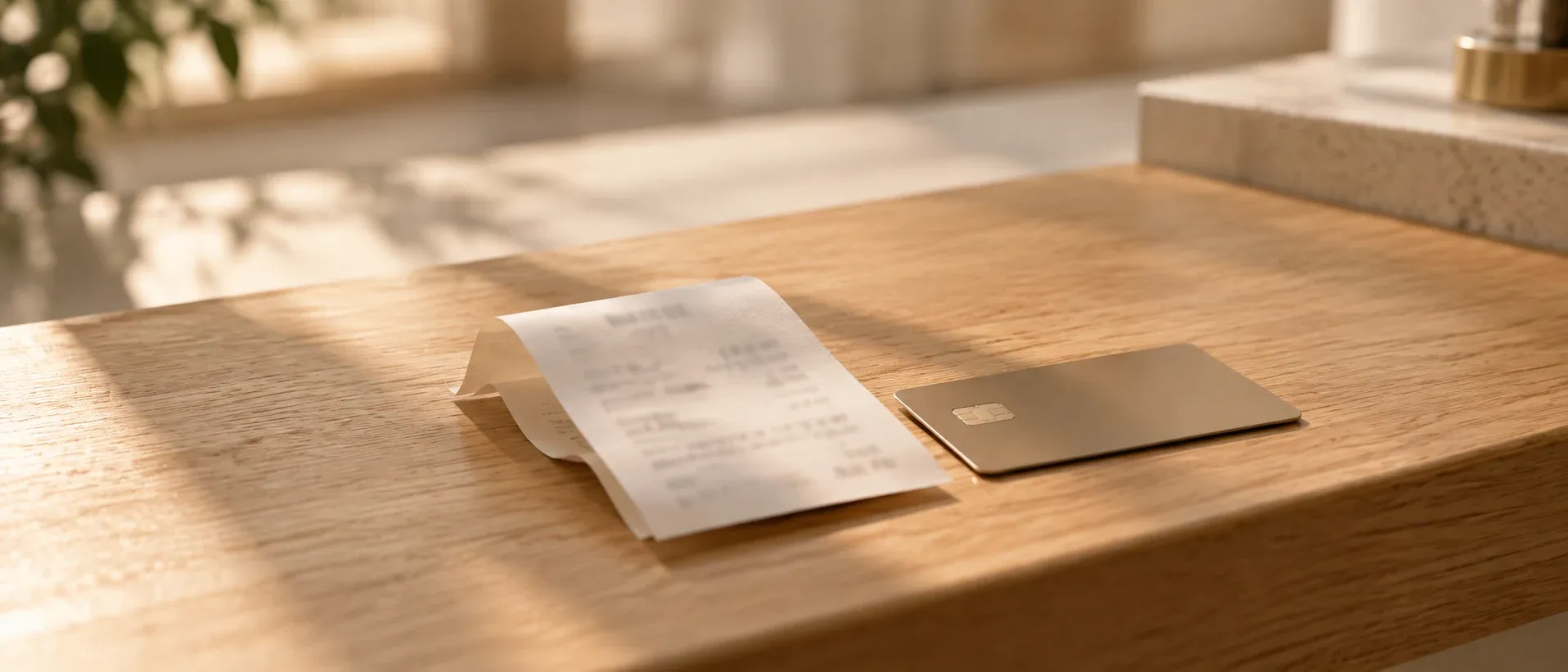 A folded receipt and a card resting on a pale wooden counter