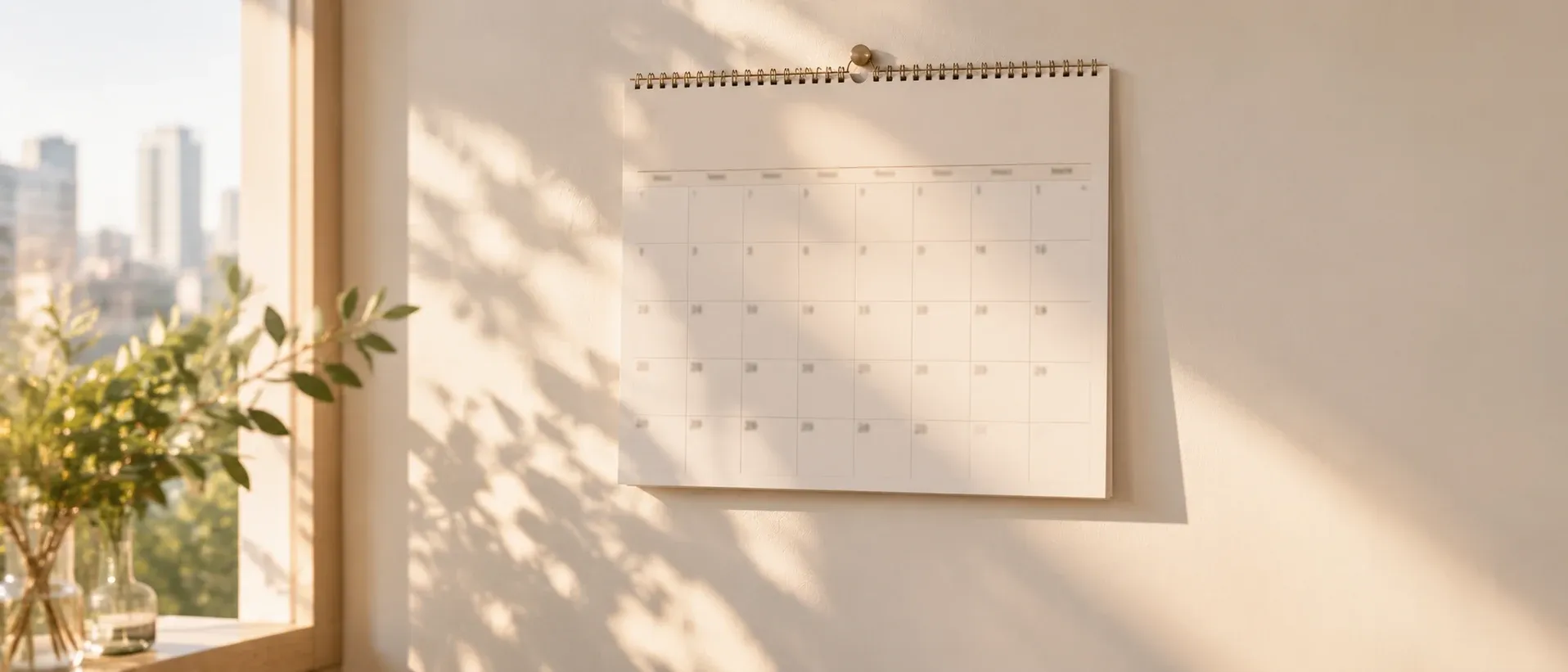 A wall calendar on a pale surface