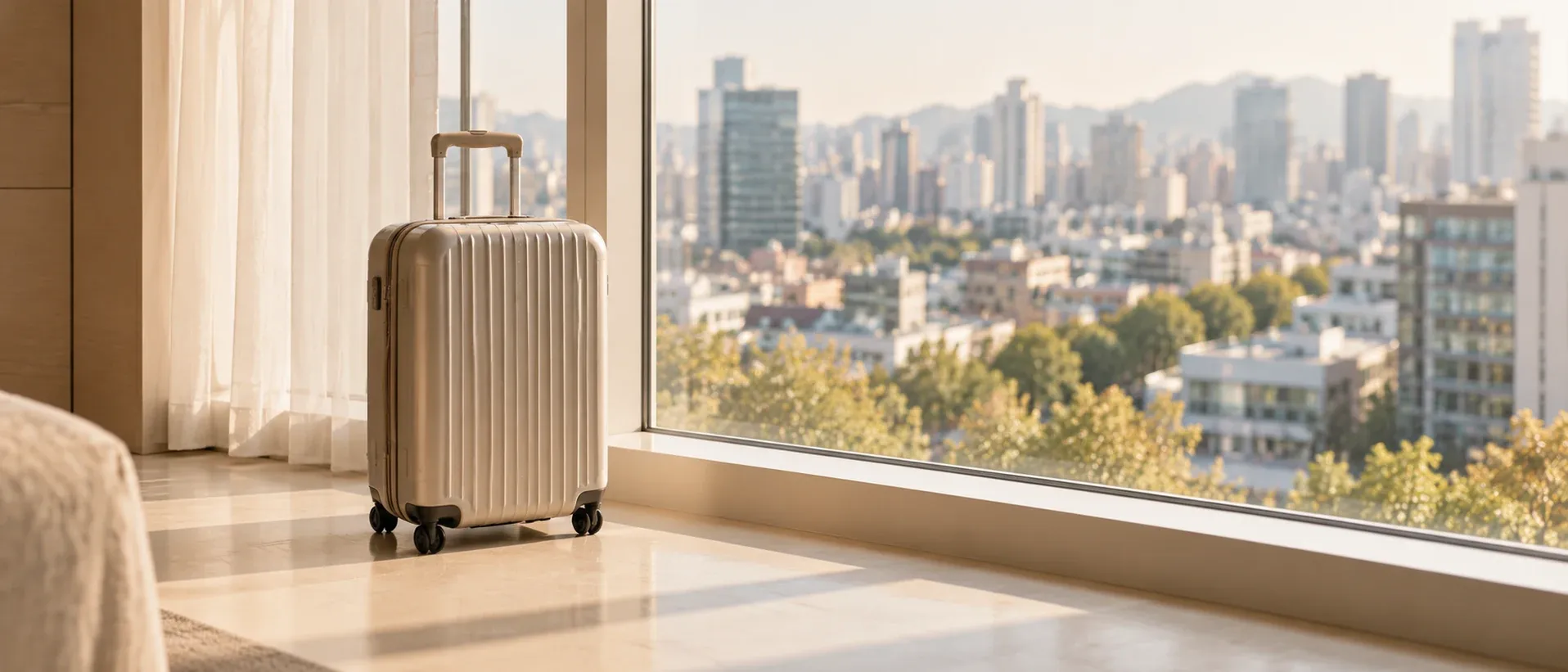 A small suitcase beside a window