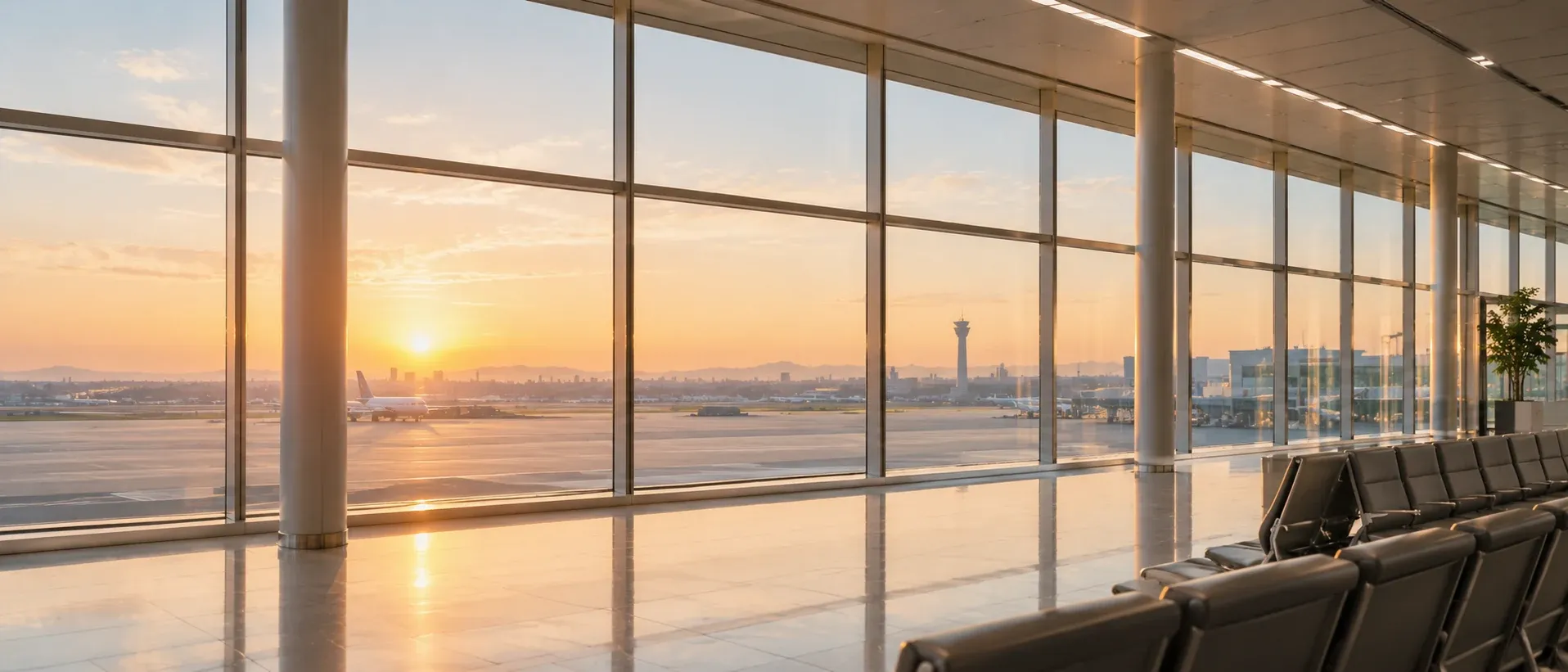 Airport departure hall window at dawn with soft light on the glass, no people in frame