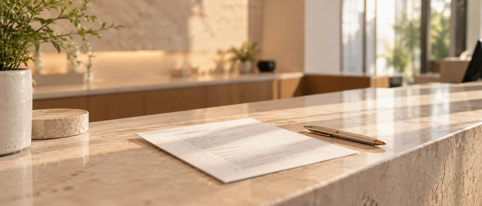 A printed list on a counter, text too small to read, beside a pen
