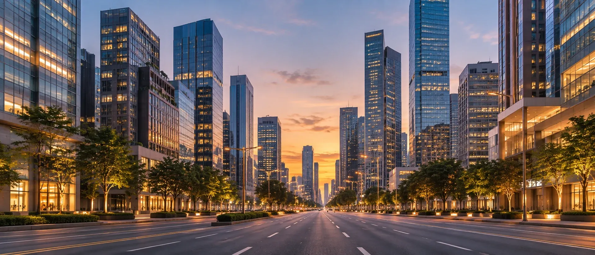 Wide Seoul avenue with tall office buildings seen from street level at dusk, no people in frame