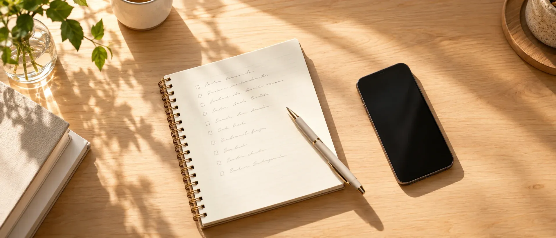 A notebook with a written list beside a phone on a plain desk